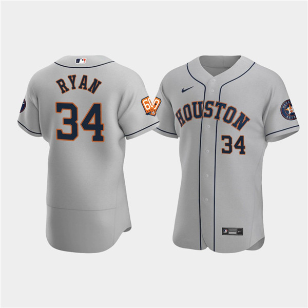 Men's Houston Astros #34 Nolan Ryan Grey 60th Anniversary Flex Base Stitched Baseball Jersey